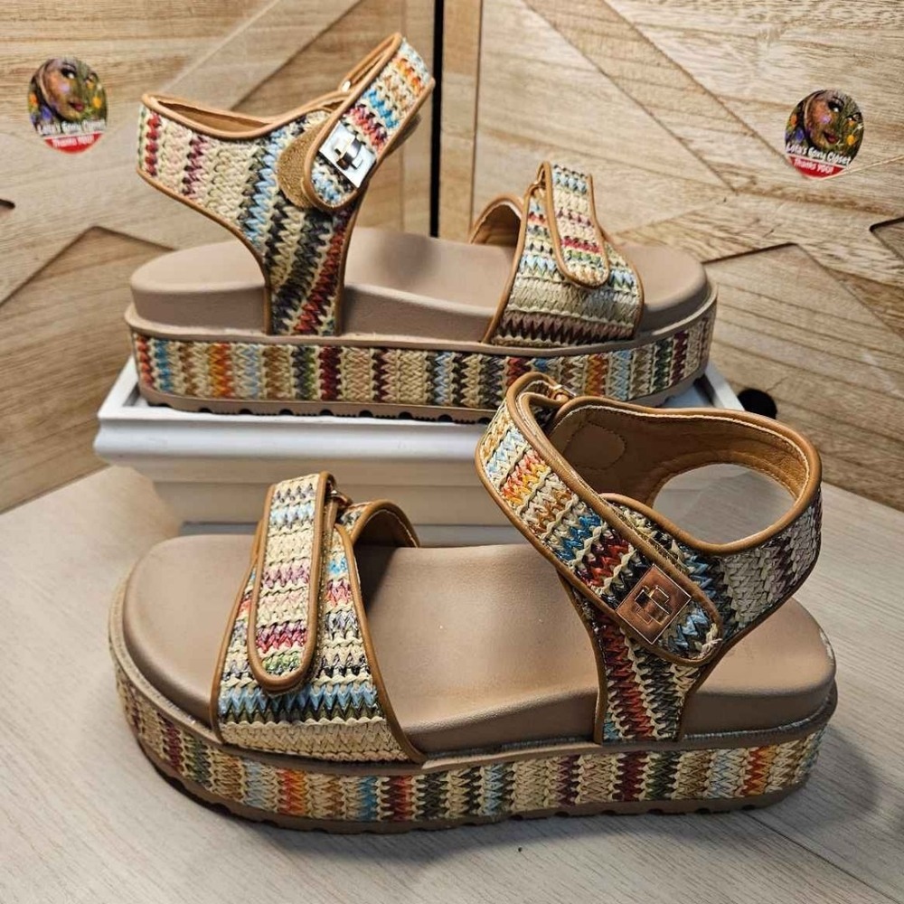 Island Vibe Raffia Adj Straps Sling Back Platform Sandals Sz 10.5/11- 10.5" #571